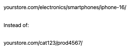 Example showing a clean URL with category and product name versus an unreadable URL with IDs and codes